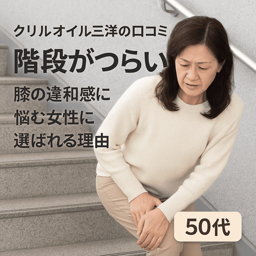 クリルオイル三洋の口コミ｜階段がつらい…膝の違和感に悩む女性に選ばれる理由【膝の違和感を軽減】